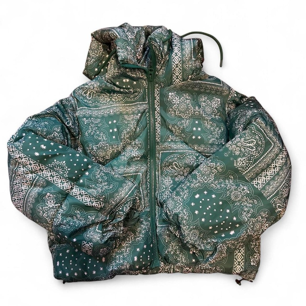 Fashion Nova Teal Paisley Puffer Jacket